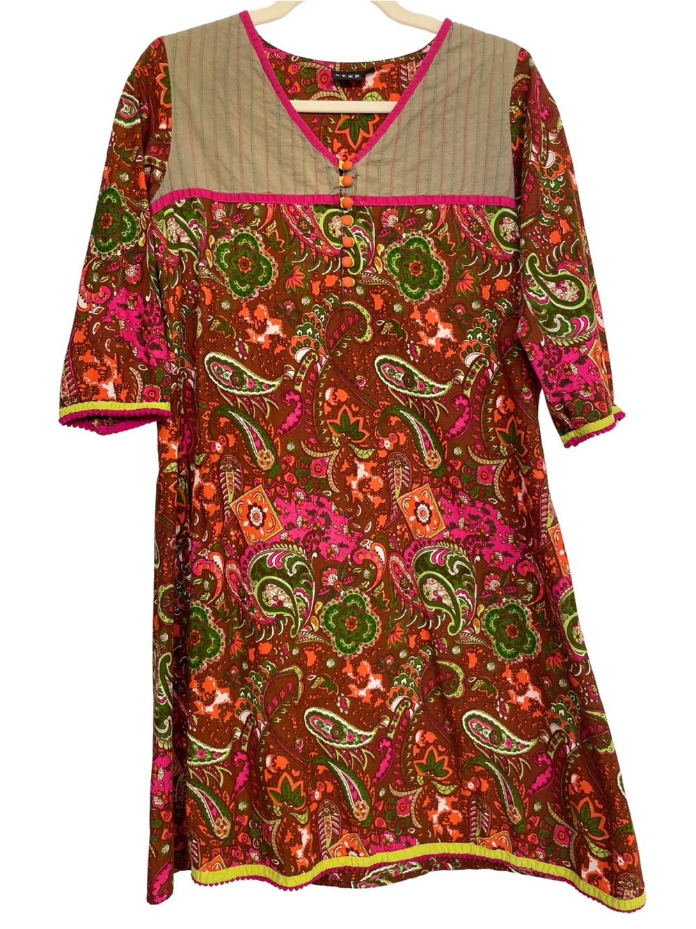 Boho Paisley Mixed Print Tunic Dress Orange Pink Green ✨M